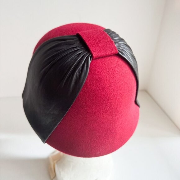 Vintage Red Burgundy Leather Detail Wool Felt Cloche hat main image 8